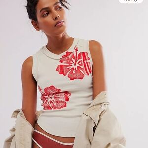 Floral Print Sleeveless Top - Red and Cream